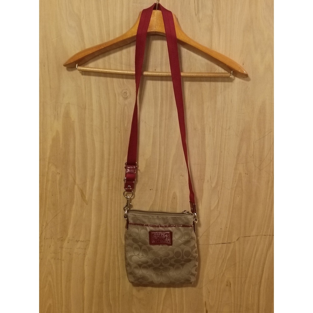 Coach Signature Jacquard Crossbody Bag Khaki Red Patent Trim Small Messenger